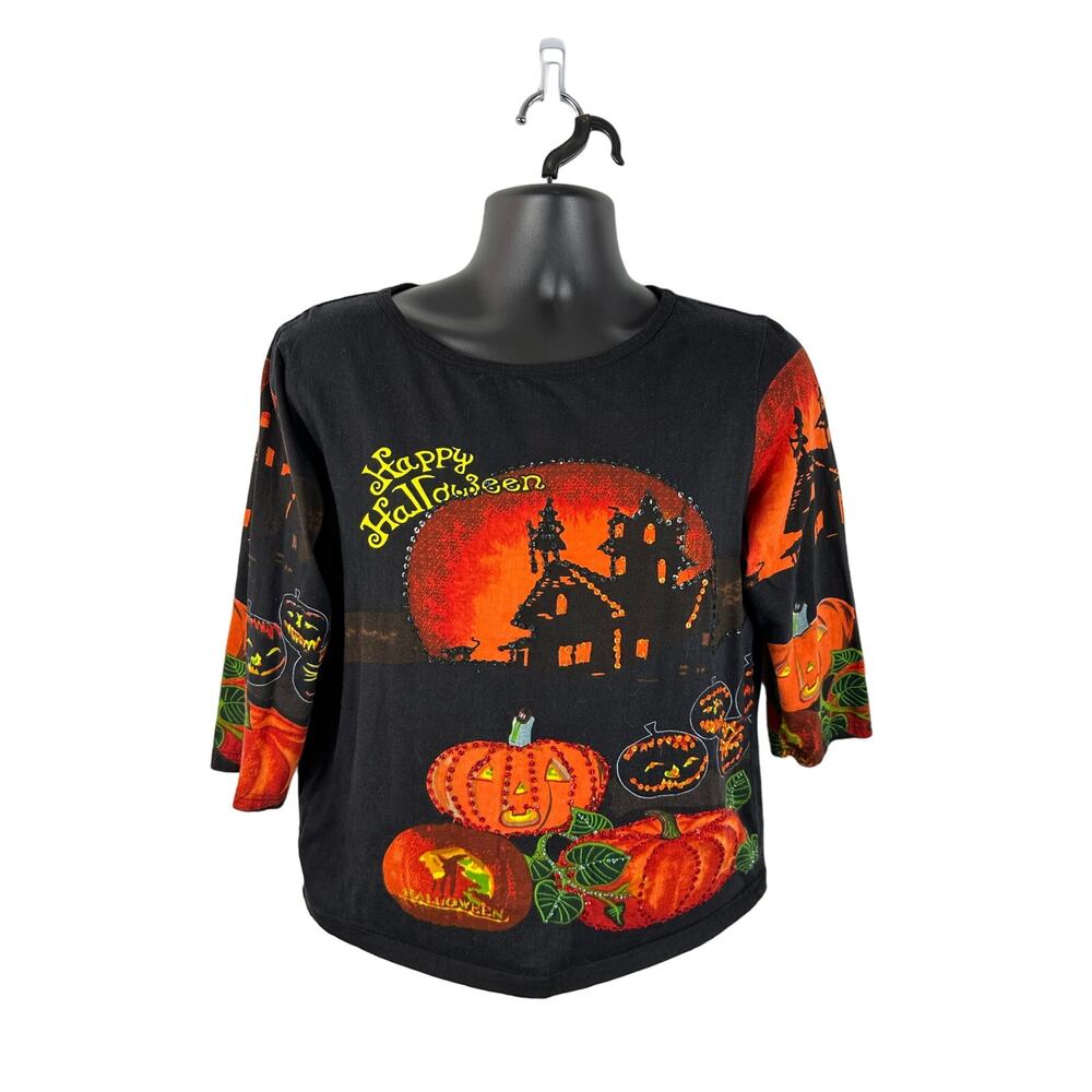 Vintage Y2K Halloween Graphic Longsleeve Top Sequin Pumpkins Spooky Size Medium